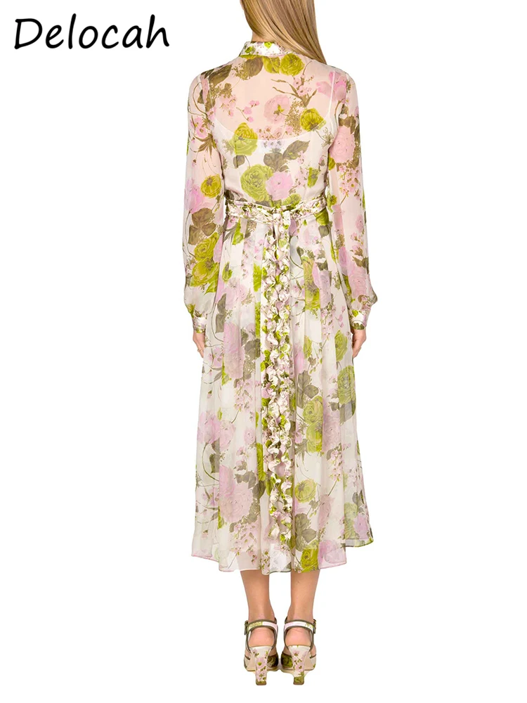 Delocah-Vestido largo de primavera para mujer, vestido drapeado de manga larga con cinturón, estampado Floral