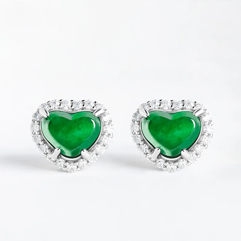 

New Authentic S925 Silver Inlaid Natural A-grade Jade Yang Green Heart shaped Earrings Jade High end Fashion Women's Jewelry