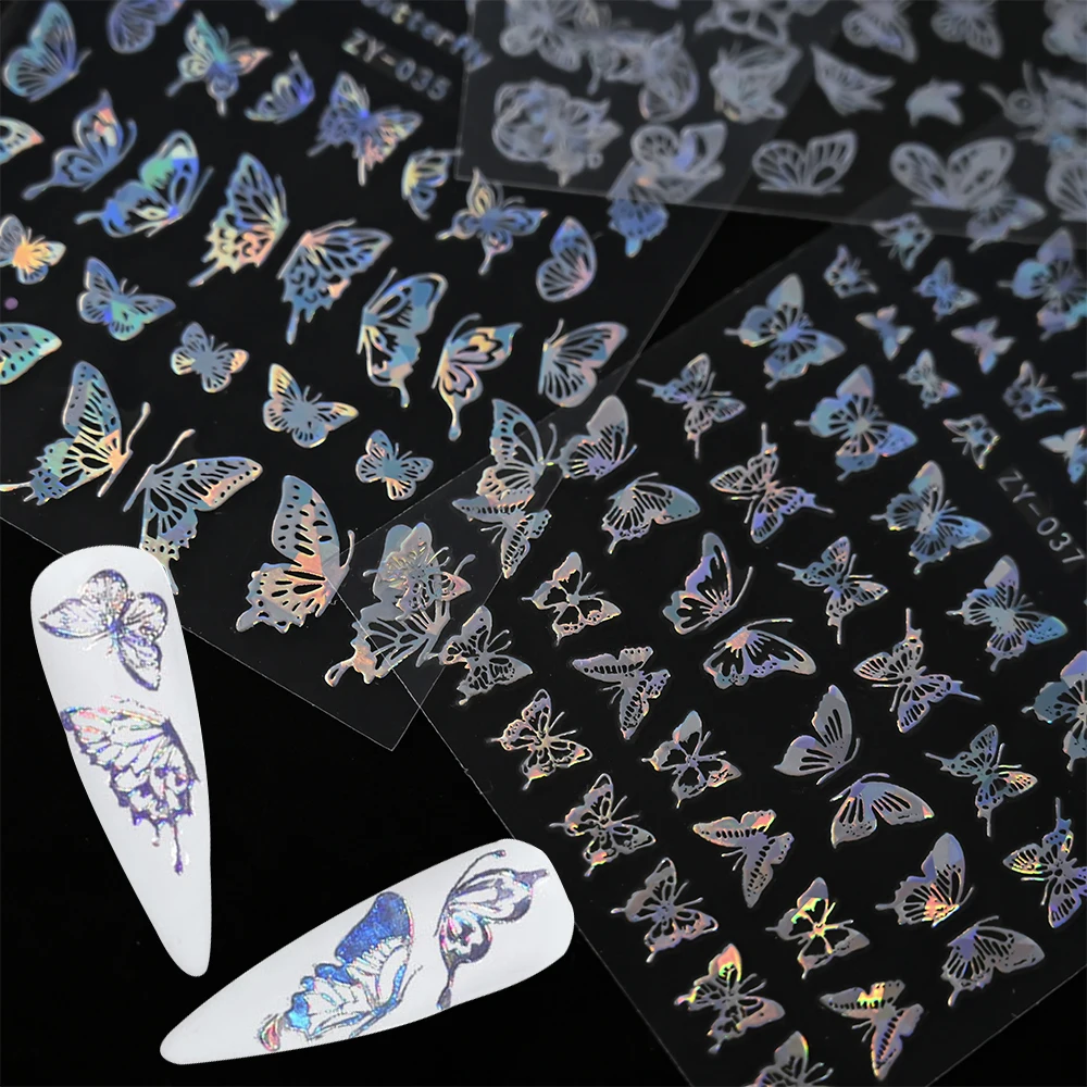 4 Stuks Zilveren Laser Vlinder Nail Stickers 3d Zelfklevende Nail Art Decoratie Stickers Glitter Vlinder Manicure Bedels Stickers