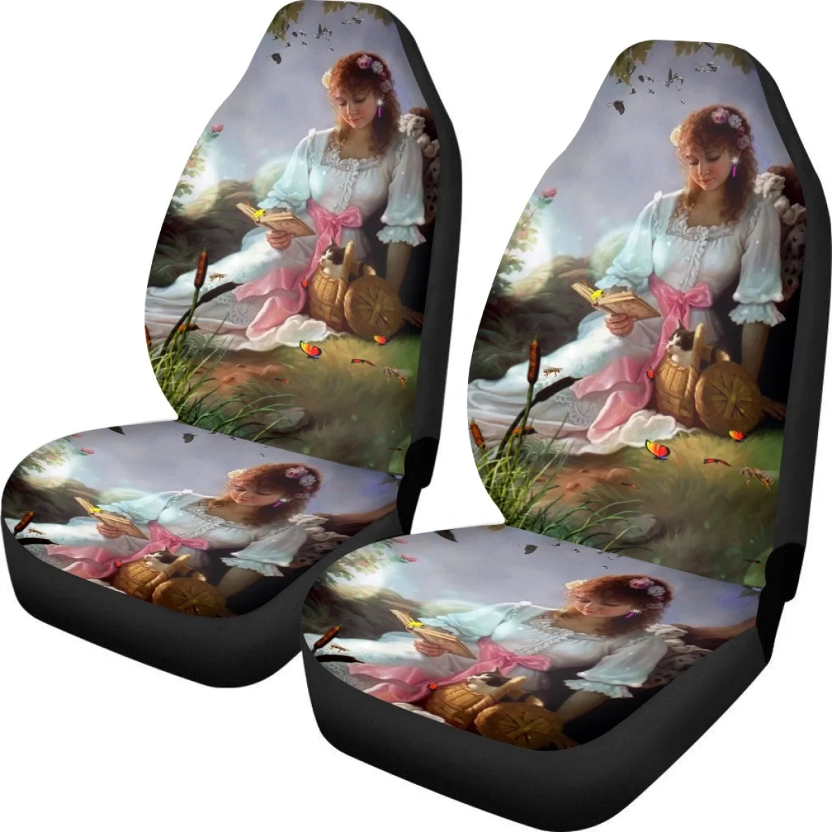 Vehicle Seat Covers French Oil Painting Art Design Pattern Heavy-Duty Slip-Resistant Automobile Seats Protector Universal Fit