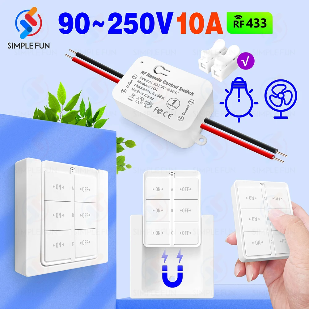 

433Mhz 110V 220V Wireless Remote Control Light Switch,3-in-1 86 Wireless Wall Panel Switch,RF 10A Module for Lamp Fan ON/OFF