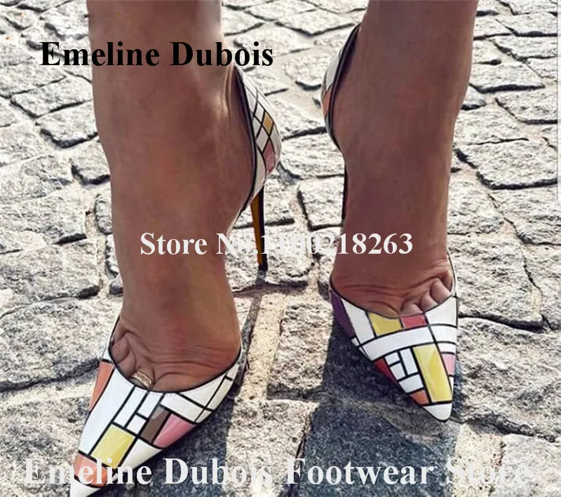 Patchwork Shallow Stiletto Heel Pumps Emeline Dubois Pointed Toe Mixed-colors Square Grid Slip-on High Heels Party Dress Shoes