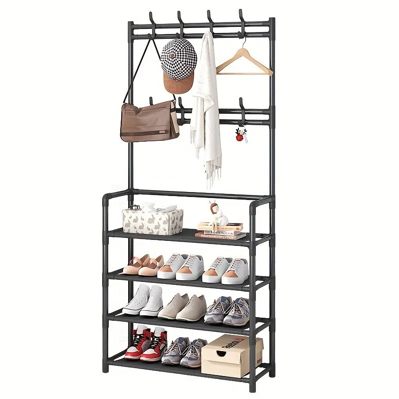 4/5-Tier Metal Coat and Shoe Rack with 8 Hooks ,for Living Room, Bedroom, Office, Shoe Storage Organizer, Shoe Storage Organizer