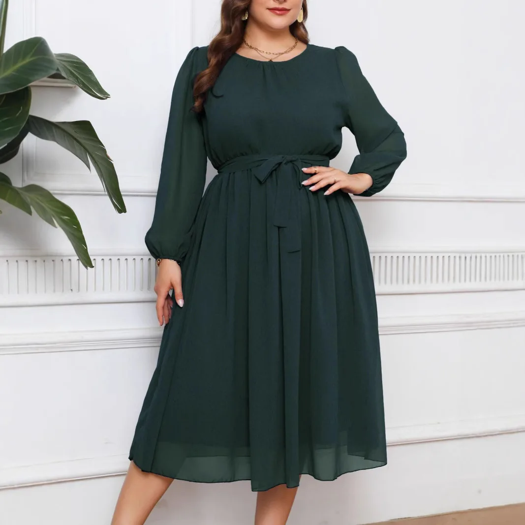 

Plus Size Women's Dress Chiffon Mid Calf Length Blackish Green Clothing for Women Dress Long Sleeve Spring Autumn Winter