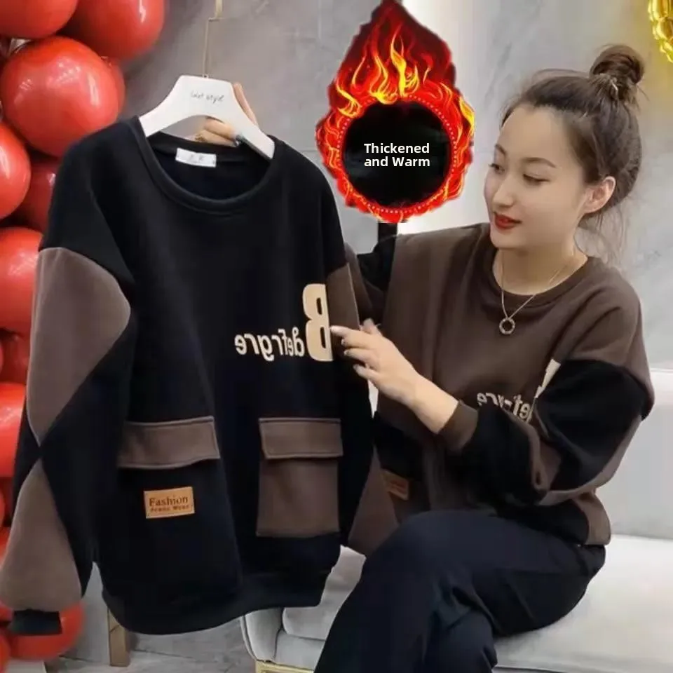 트렌디한 프린트 패치워크 후드티 캐주얼 슬림핏 패셔너블 겨울 2025 여성 스웨트셔츠 한국 스타일