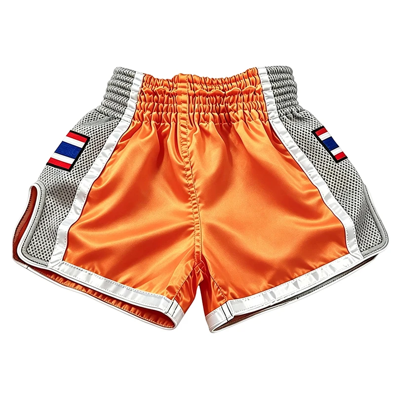 Muay Thai Kickboxing Shorts Glossy Orange Satin Boxing Trunks Gray Mesh Sides Thailand Flag Embroidery for Fighting MMA Workout