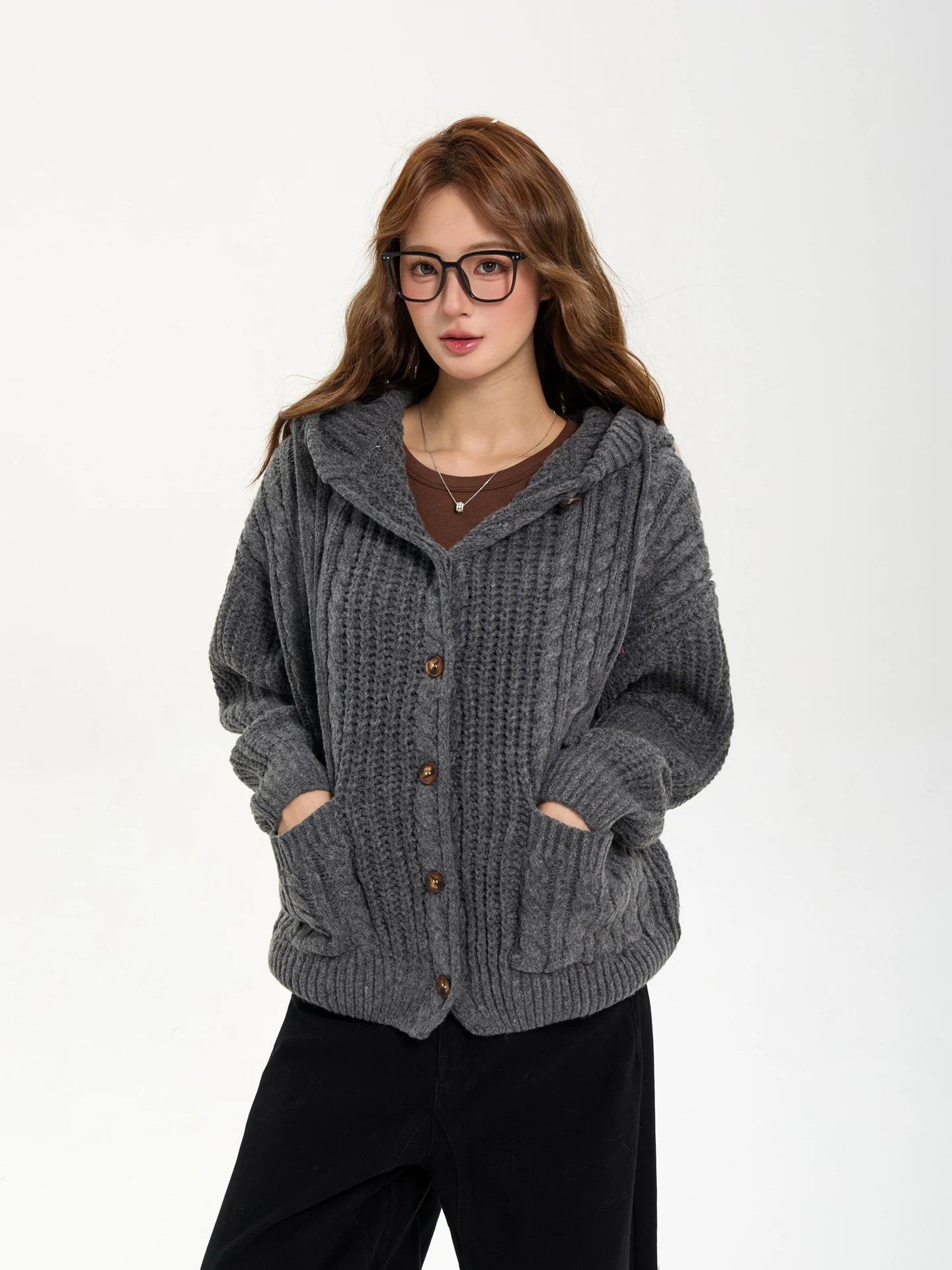 

7KEEWEN Осенне-зимний женский вязаный кардиган в американском ретро-стиле, повседневный, свободного кроя, с капюшоном, уличный стиль