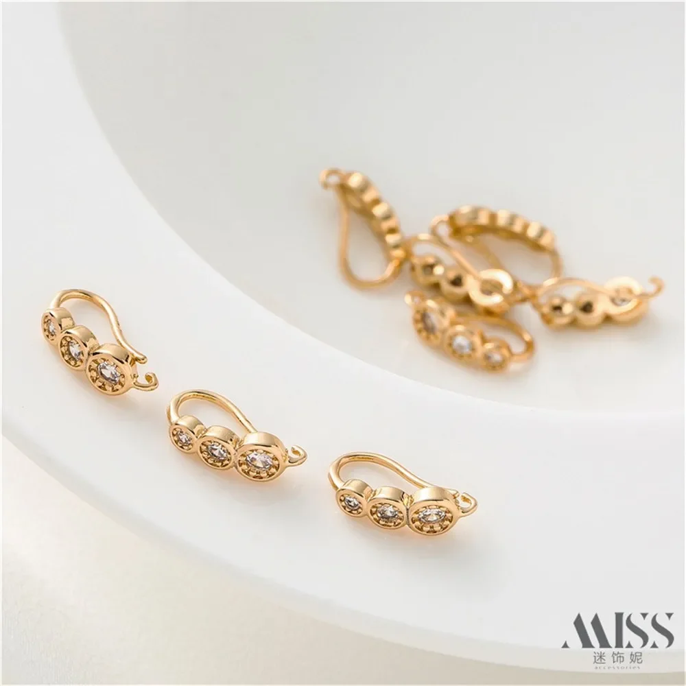 14K الذهب الحقيقي يرتدي النحاس مع ثلاثة حلقات الزركون، والأقراط المصنوعة يدويا DIY، والإكسسوارات والمواد