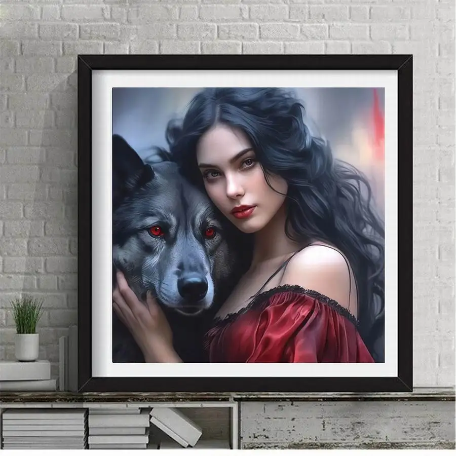 Diy 5d Diamond Painting New Arrival 2024 Women And Wolf Full Mosaic Embroidery Red Clothes Girl Rhinestone Picture Wall Decor