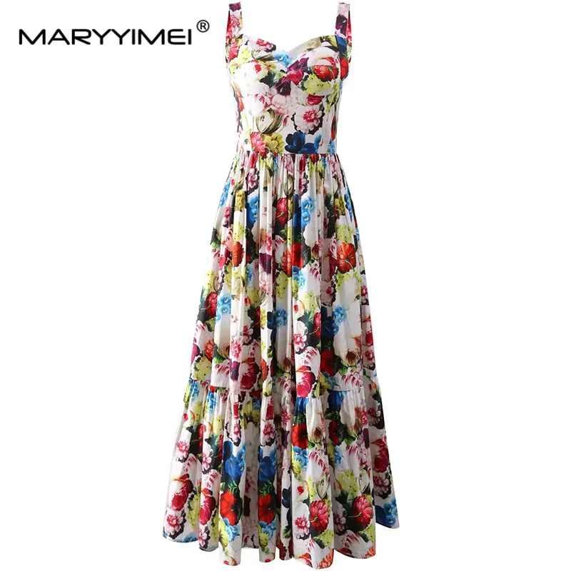 MARYYIMEI Fashion Women\'s Vintage Spaghetti Strap Backless Printed Square-Neck Pleated Elegant Celebrity Party Floral Maxi Dress