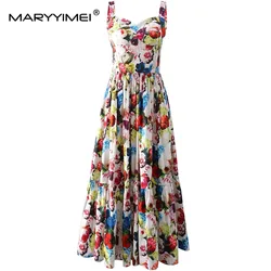 MARYYIMEI Fashion Women's Vintage Spaghetti Strap Backless Printed Square-Neck Pleated Elegant Celebrity Party Floral Maxi Dress