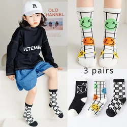 3 Pairs of Spring and Fall Children Cute Smiley Fashion Checkerboard Cartoon Comfortable Socks for Boys and Girls