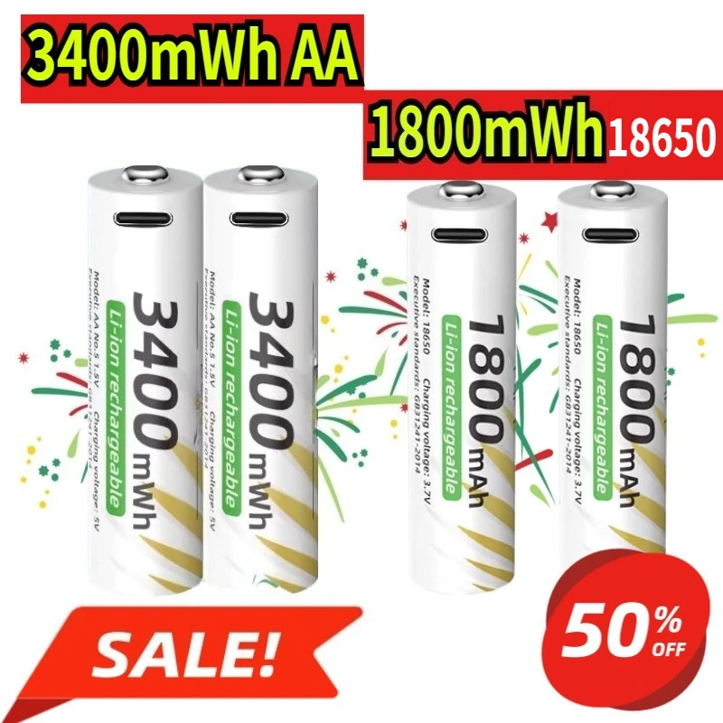 

AA Rechargeable Batteries USB Lithium-ion 3400mWh 3.7V AA Rechargeable Batteries+1800mWh 3.7V 18650 Battery+ Type-C Cable