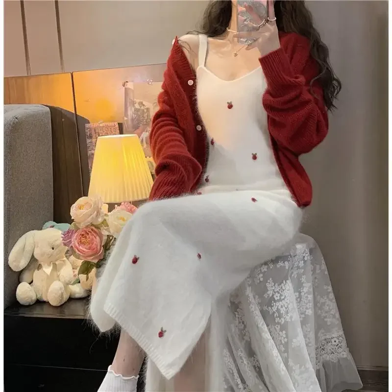 Korejpaa Sweet Strawberry Embroidery Knitted Sling Dress Women Korean Chic Clothing Gentle Long Sleeve Red Sweater Cardigan