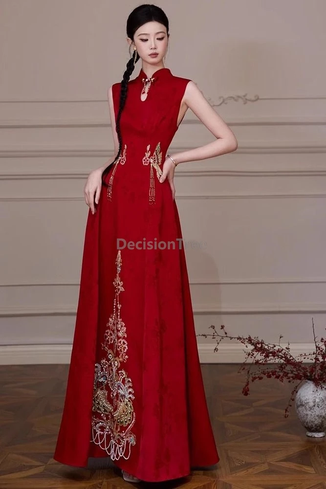 

2025 fashionable temperament chinese improved sleeveless party qipao retro exquisite high end bride engagement toasting attire