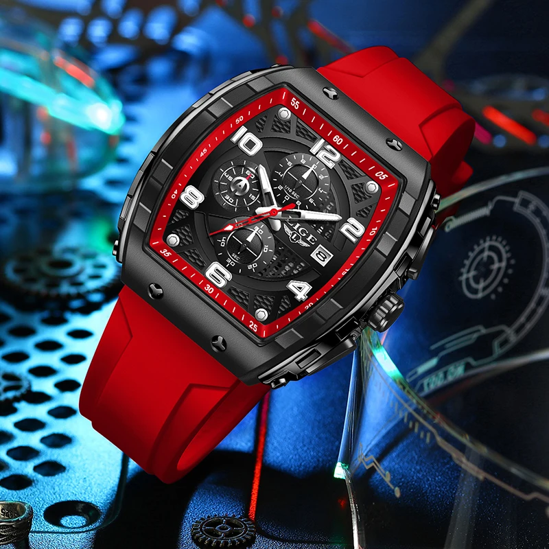 LIGE Fashion Red Silicone Watch Men Outdoor Sports Waterproof Men's Quartz Wristwatch Top Brand Luxury Square Quartz Chronograph