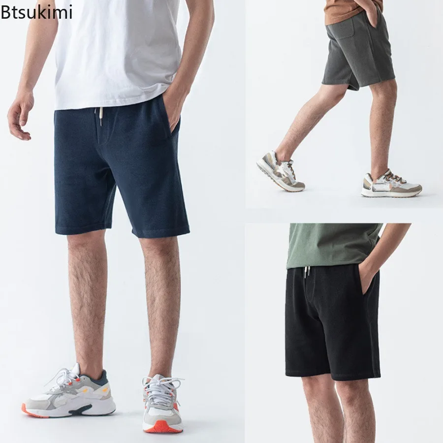 2024 New Men's Knitted Knee Length Pants Summer Fashion Solid Loose Casual Sport Shorts Men Drawstring Straight Sweatpant Shorts