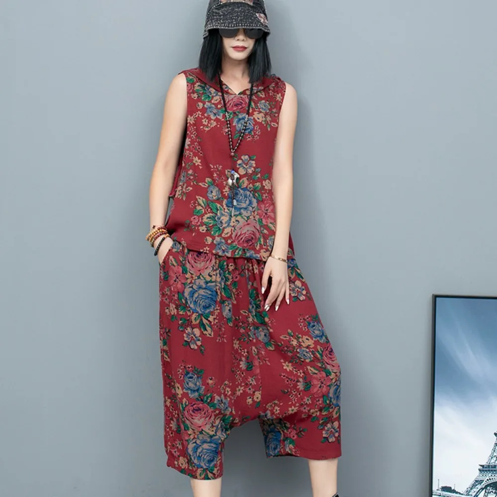 Chinese Style Northeast Large Flower Hooded Sleeveless Vest + Cropped Pants Two Piece Set Women Outfit 2024 Summer LX1310