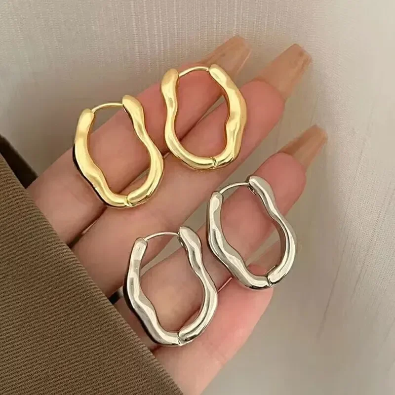 Vintage Irregular Wavy Hoop Earrings For Women New Trendy Geometry Round Circled Earring Minimalist Stainless Steel Jewelry Gift