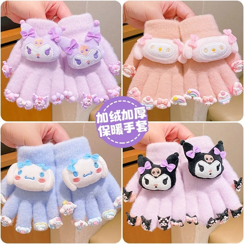 Kawaii Sanrio Children Gloves Girls Fall and Winter New Kuromi Five-Finger Cover Padded Warm Cold Split-Finger Gloves Kids Gift