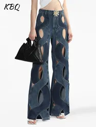 KBQ Hollow Out Straight Jeans For Women High Waist Spliced Floral Colorblock Loose Casual Denim Wide Leg Pants Female Fashion