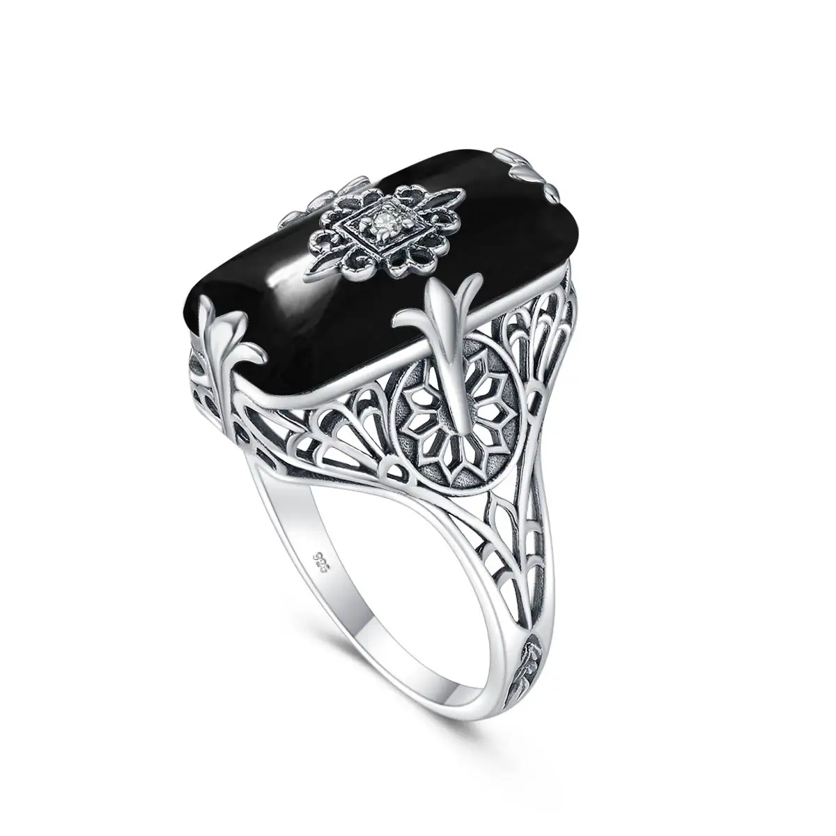 Szjinao High Quality 925 Sterling Silver Woman Rings Black Onyx Ring Gemstone Party Banquet Gift Vintage Filigree Trend Jewelry