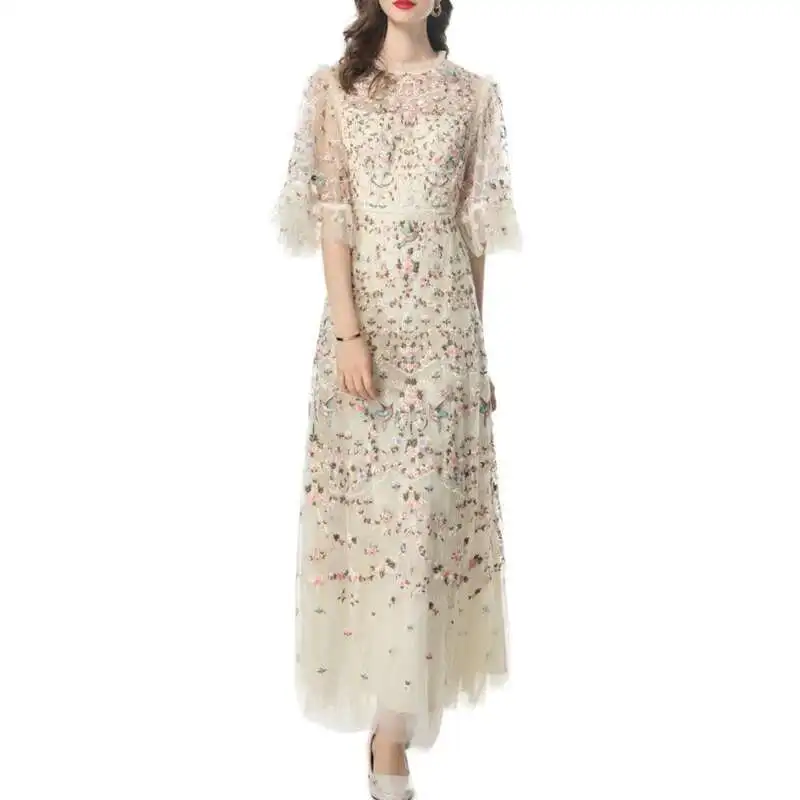 HKSH Summer New Women's Chic Elegant Fashion Casual Light Luxury Embroidery Mesh O-Neck Half Sleeved Long Banquet Dresses HK5315