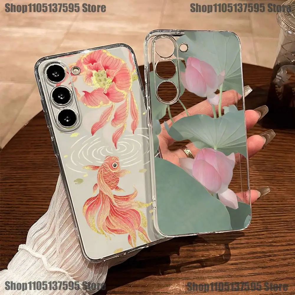 

Peony Lotus Print Design Phone Case For Samsung S30,23,21,22,20, FE lite,S10,9,8,7 PIus Note20ultra Soft Transparent