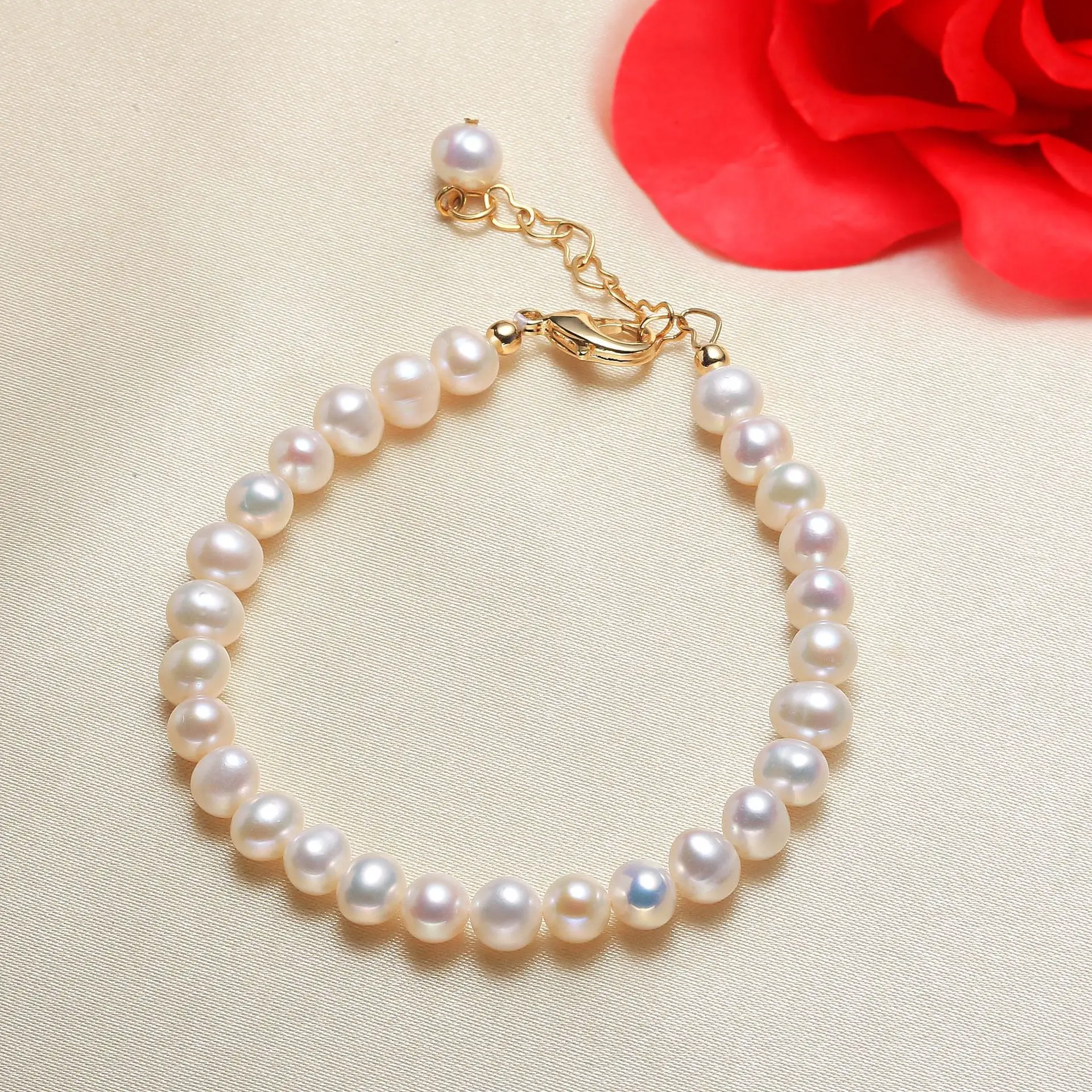 

18K Gold Beautiful White Color Round Real Natural Pearl Bracelet Women,Key Bracelet Adjustable Party Girl Bridal Jewelry