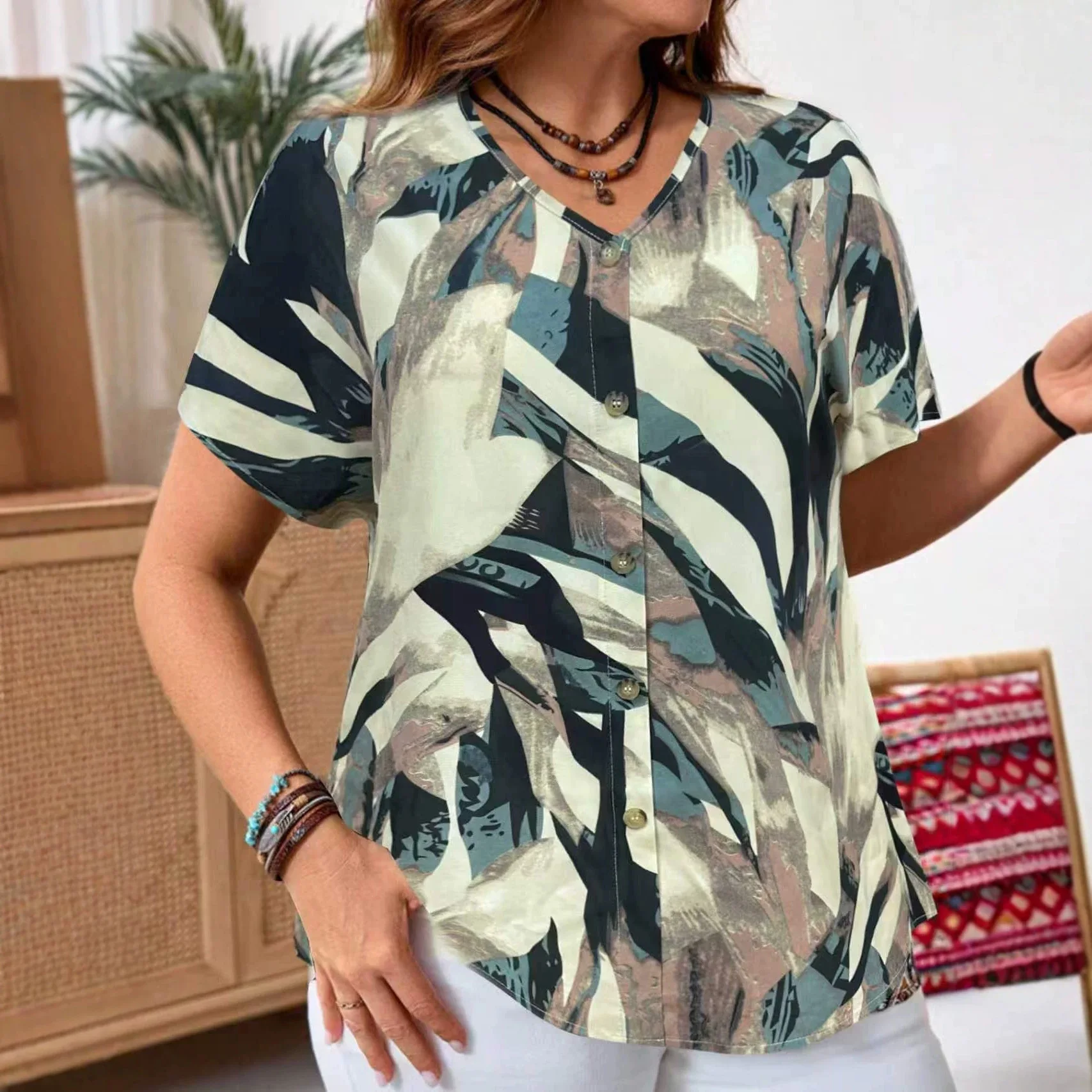 Plus Size Abstract Tropical Leaf Print Shirt, Notch V Neck Button Down Short Sleeve Loose Top for Curvy Women, Vintage Summer Va view 3