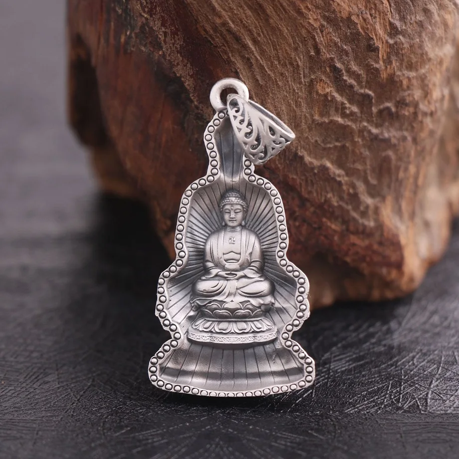 S999 Real Silver Retro Double-sided Buddha Necklace Pendant Man Thai Silver Exquisite Vintage 3D Buddha Statue Chain Pendant