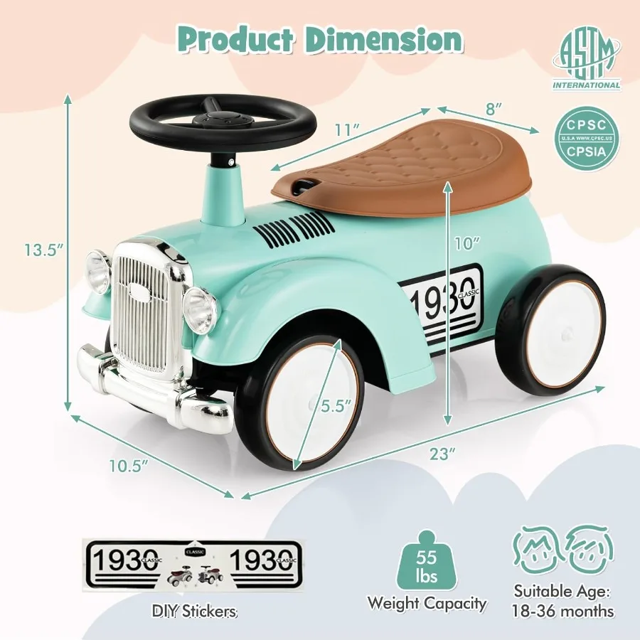 Ride On Push Car Outdoor Toddler Riding Toys w/Steering Wheel Horn and Storage Foot-to-Floor Sliding Car No Batteries Retro Bab