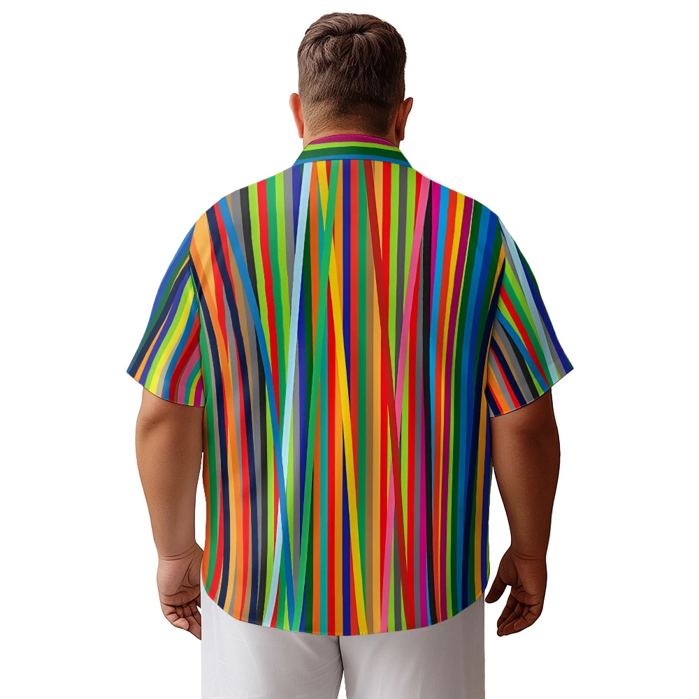 Semplice camicia a maniche corte da uomo di nicchia a righe arcobaleno estate casual allentata di grandi dimensioni con risvolto sottile t-shirt top