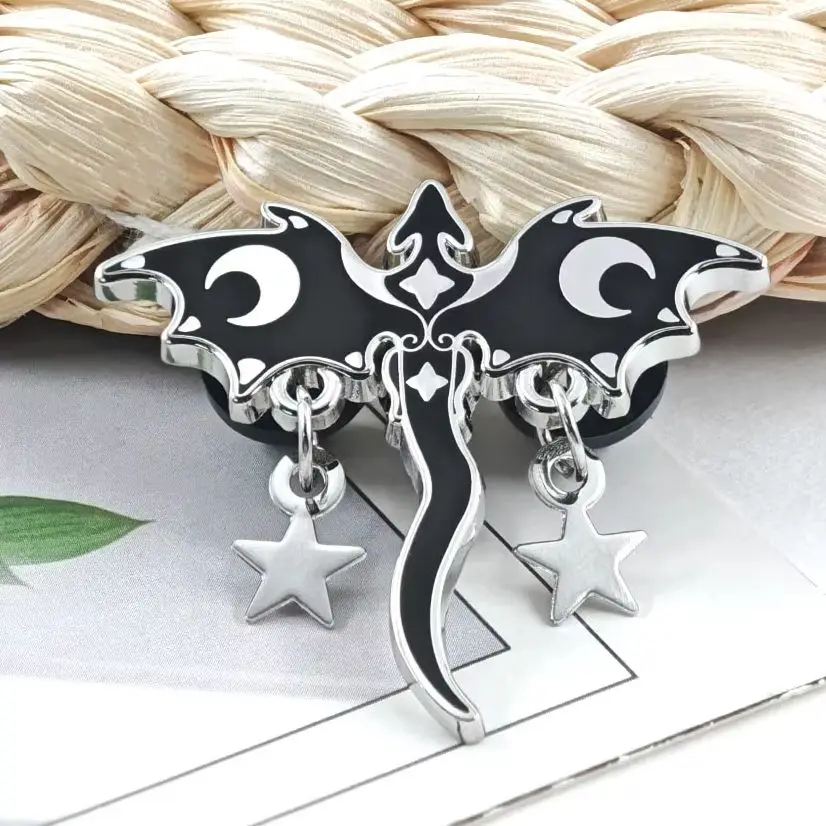 Gothic Black Dragon Enamel Pins Dangling Star Crescent Moon Brooches Witchy Mythical Hanging Chain Lapel Badges Cool Jewelry Gif