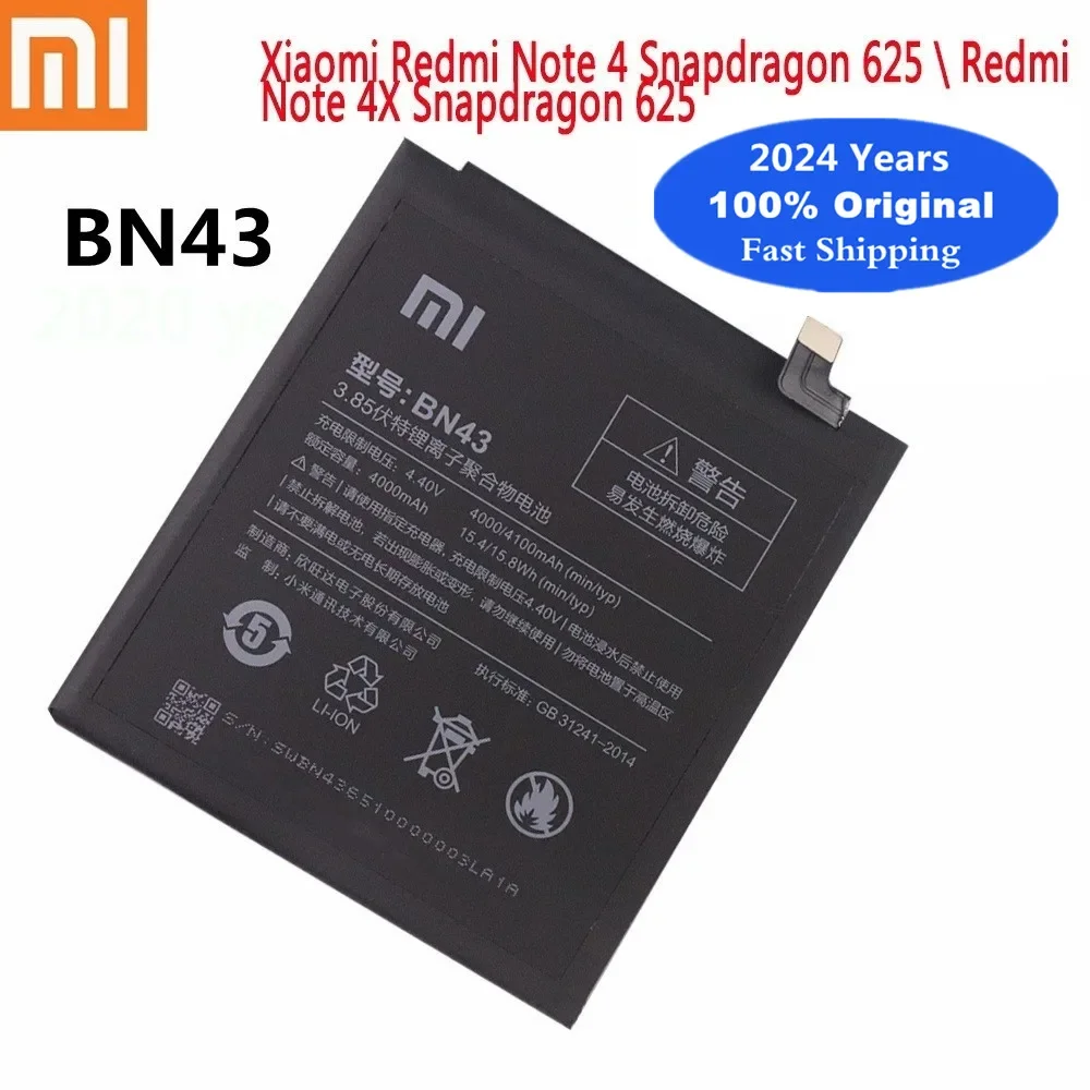 

2024 Year 100% Original Battery BN43 For Xiaomi Redmi Note 4X 4 X Note4 Note4X Global Snapdragon 625 Phone Battery Fast Shipping