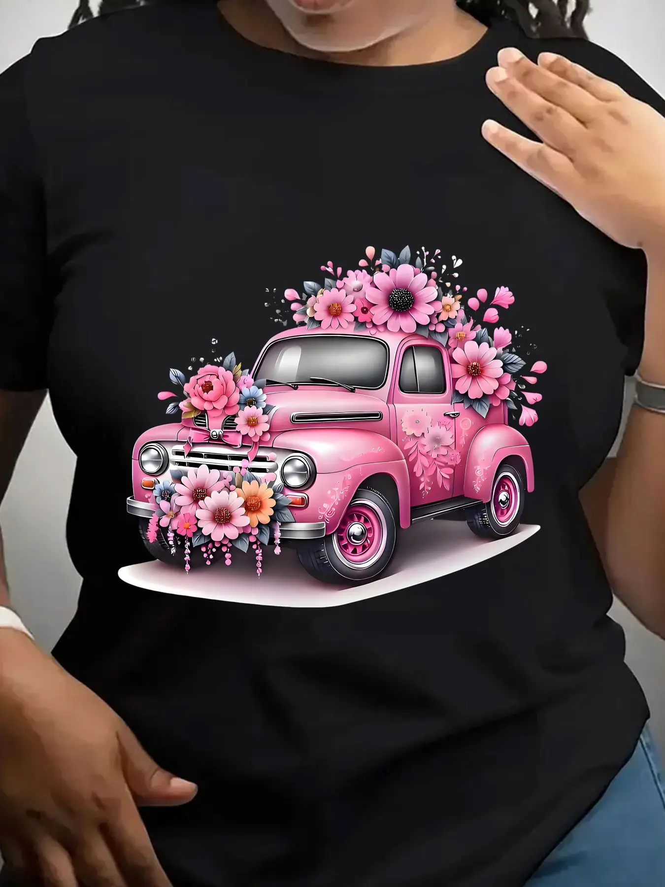 Women's Trendy Crew Neck T-Shirt Pink Truck with Floral Design Suitable for Casual Sportswear