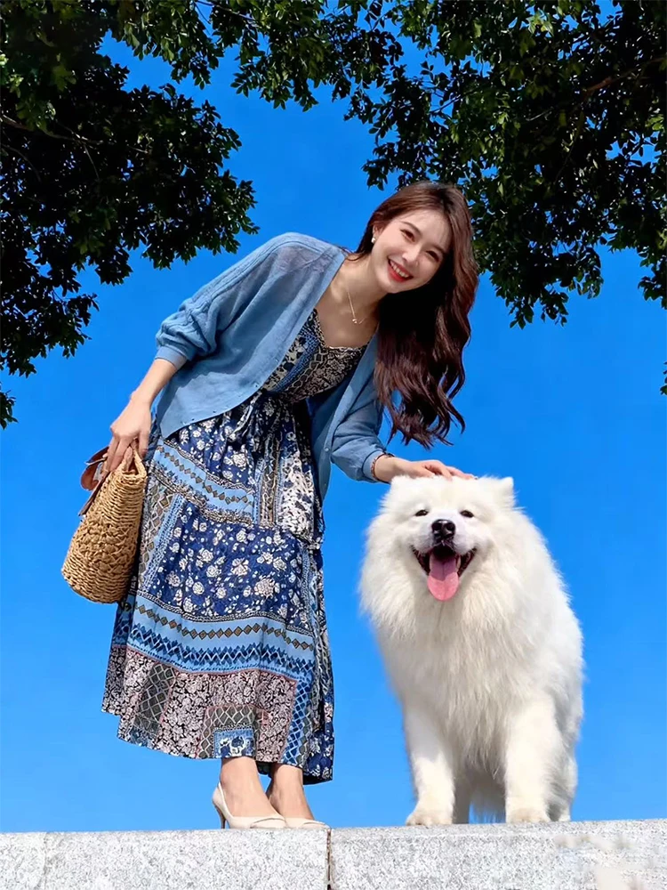 

Blue Floral Print ter Dr Cardigan Two-Piece Set Women's Faionable Spring Travel Outfit Long Sve irt Midi Skirt