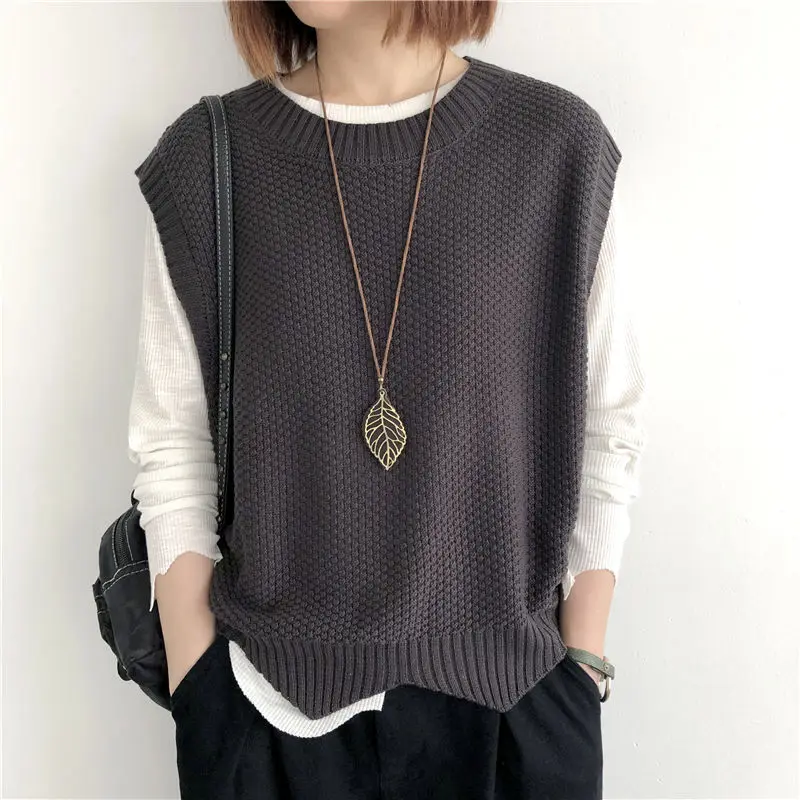 New Knitted Vests Women Spring Autumn Solid Loose O-neck Irregular Hem Pullover Sweaters Outerwear Simple Office Lady Fashion