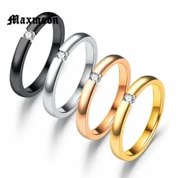Maxmoon  Women Lady 2mm Stainless Steel Solid Zircon Crystal Rhinestone Engagement Wedding Charm Rings Size 6/7/8/9/10/11