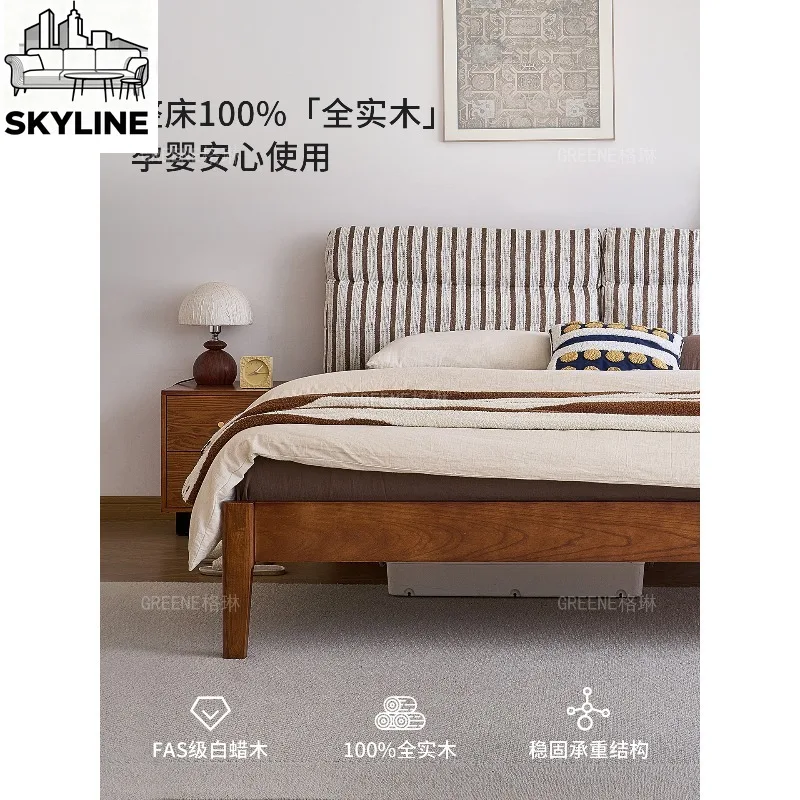 Ash Solid Wood Bed with Ultra-Thin Removable Washable Soft Pack Bedside, Double Bed for Small Apartment