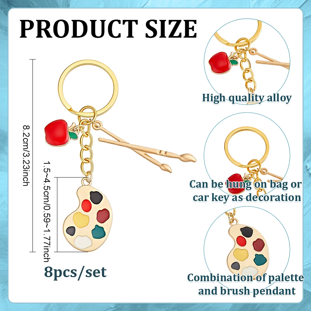 8pcs Paint Palette Keychain Artist Key Chain Gold Paint Brush Keyrings Painting Tray Bag Charms Art Key Ring with Charms