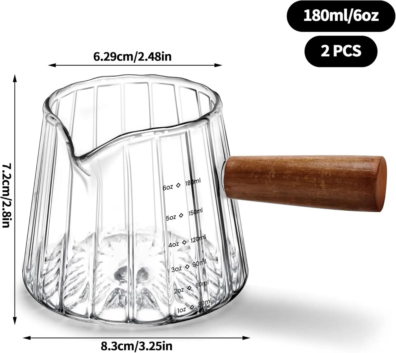 Measuring Cup 6 Oz, Espresso Glass Cups with Wood Handle, Milk Frothing Cup, Espresso Cup for Coffee, Milk, Tea - Detail 1