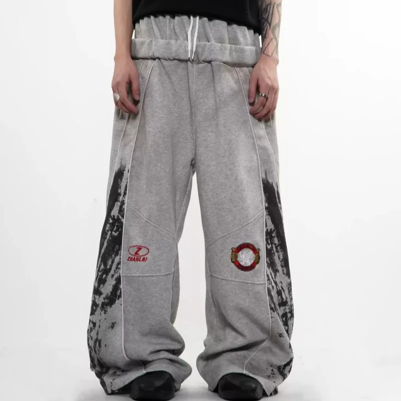 

Спортивные брюки унисекс в американском стиле с эффектом потертости, двойным поясом, прямого кроя, высокого качества, для уличной моды