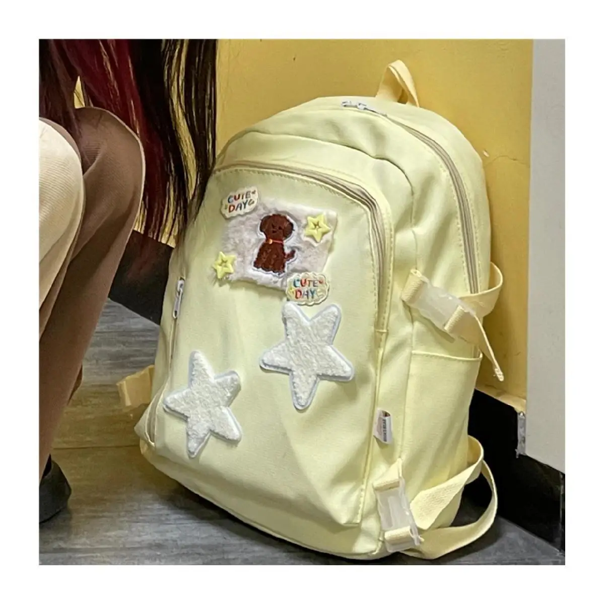 JIAERDI-mochila estrela Harajuku para mulheres, grande capacidade chique, mochila amarela vintage feminina, bordado para cachorro, mochila Y2K, casual, nova