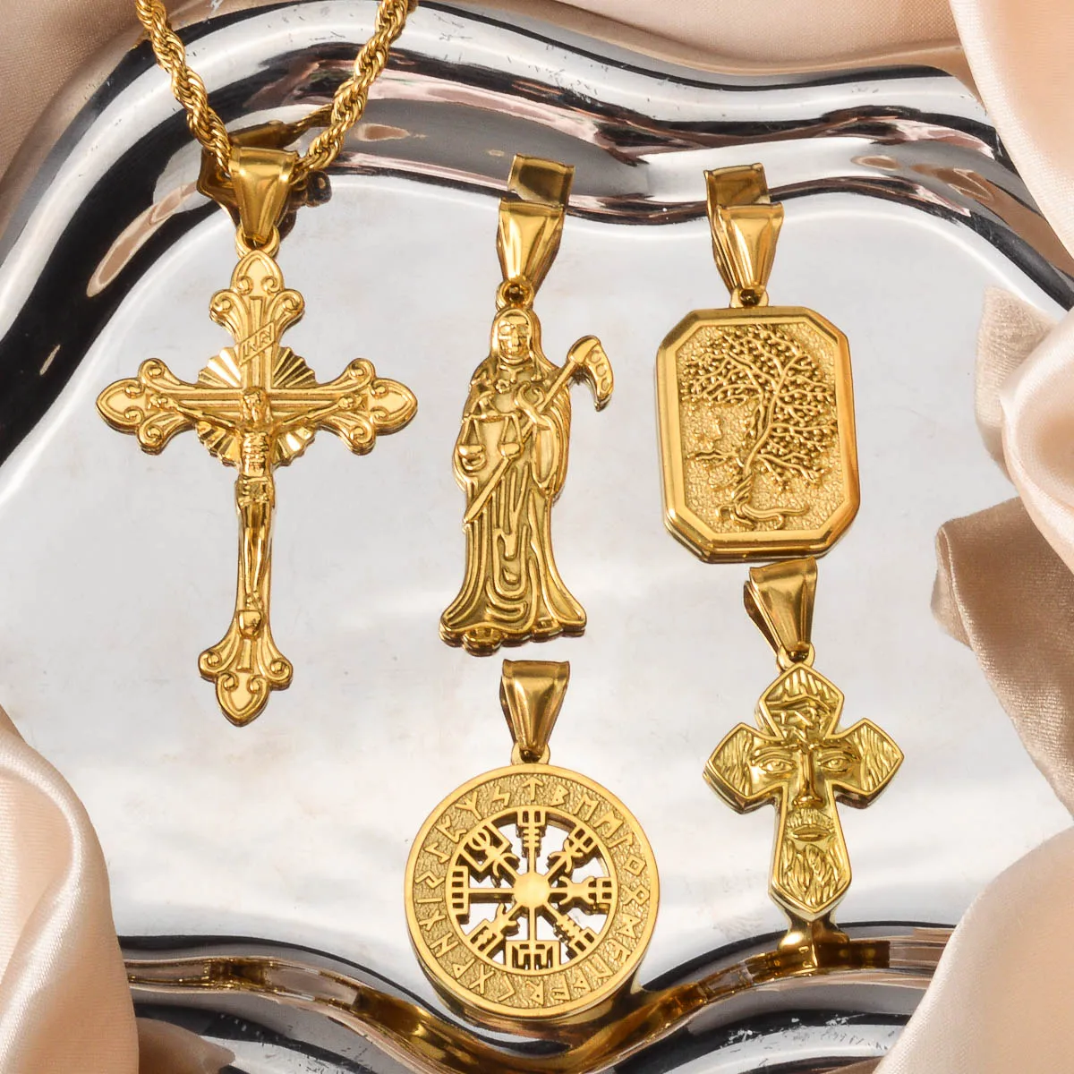 الذهب اللون قلادة قلادة مجموعة الصليب/الملاك/شجرة الحياة/يين يانغ الرموز مجوهرات للرجال النساء الرموز الدينية الروحية مجوهرات