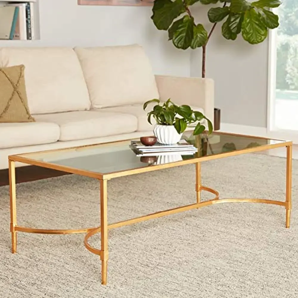 Gold Iron Glass Coffee Table Living Room Accent Decor 50x26x18 inches Shiny Elegant Study Library Den Home Furniture Crafted