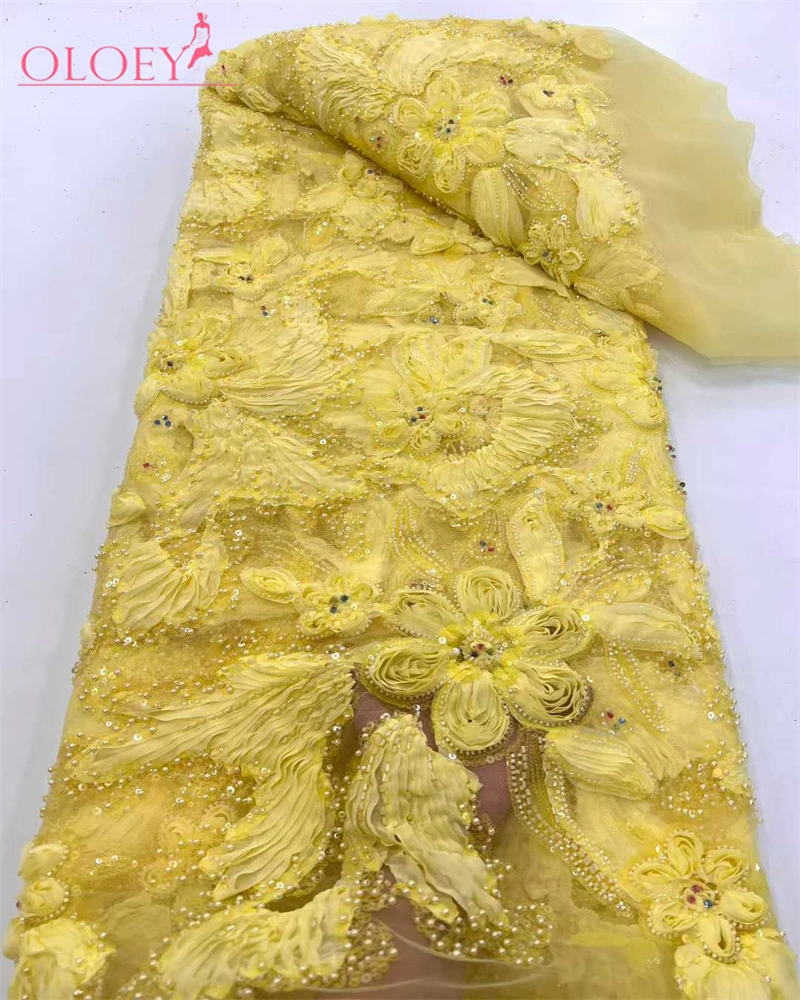

OLOEY Newest Luxury Heavy Bead Lace High Quality Net African Sequin Lace Fabric Embroidery 2026 Dresses for Wedding Bridal