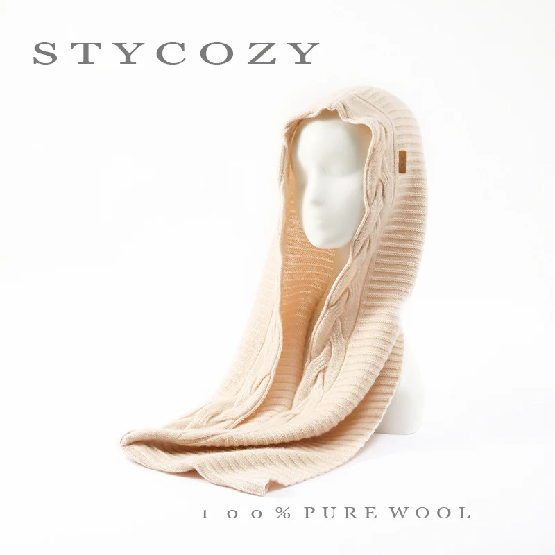 100% Wool Solid Color Cable Knit Hooded Scarf Outdoor Warm Head-Covering&Ear-Protecting Hat Autumn&Winter Neck Warmer With Hood