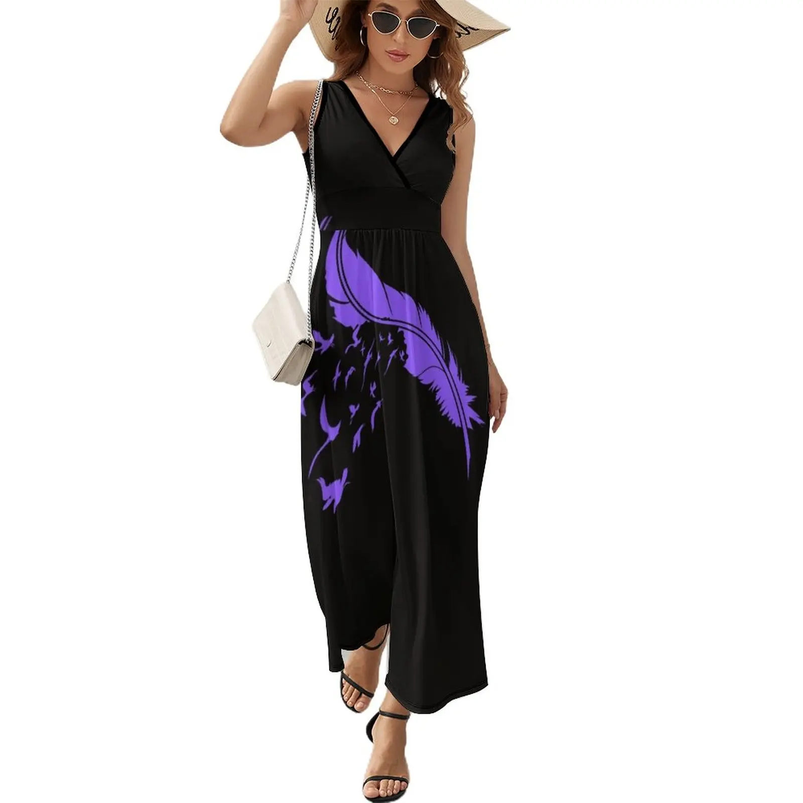 

Feather Birds purple color creative design Sleeveless Dress elegant women's sets Dresses women's summer jumpsuit