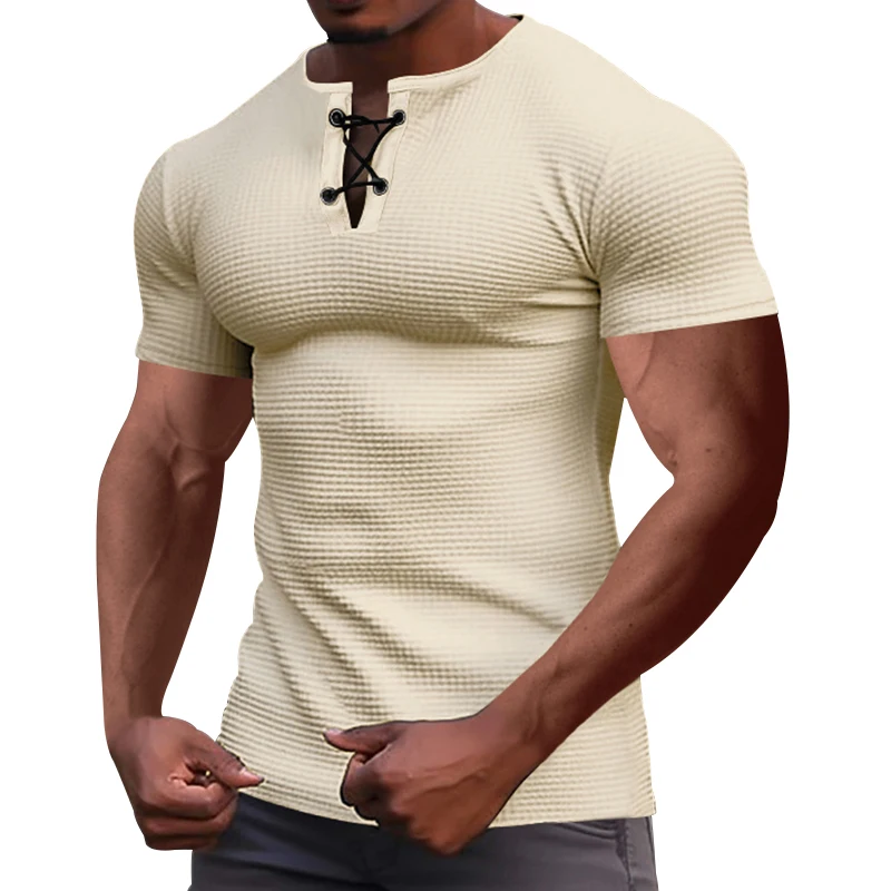 Summer Sports And Leisure Fashion Slim Breathable Men\'S Short Sleeve T-Shirt Tie Rope Henry Shirt Top